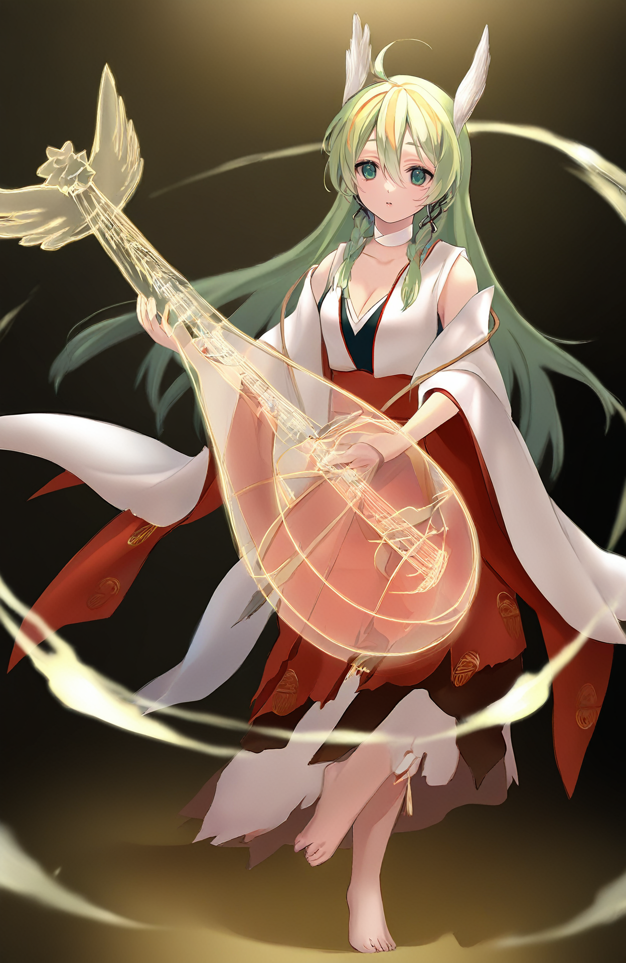 1girl,(pan \(mimi\):0.3),(ame.:0.3),(achiki:0.6),(gomzi:0.5),(alpha \(alpha91\):0.8),
long hair,cleavage,japanese clothes,hair ornament,ahoge,light green hair,green eyes,barefoot,jinnaluo,playing instrument,lute \(instrument\),plum blossoms,<lora:yysnoob4.2:1>,, masterpiece, newest, absurdres,safe