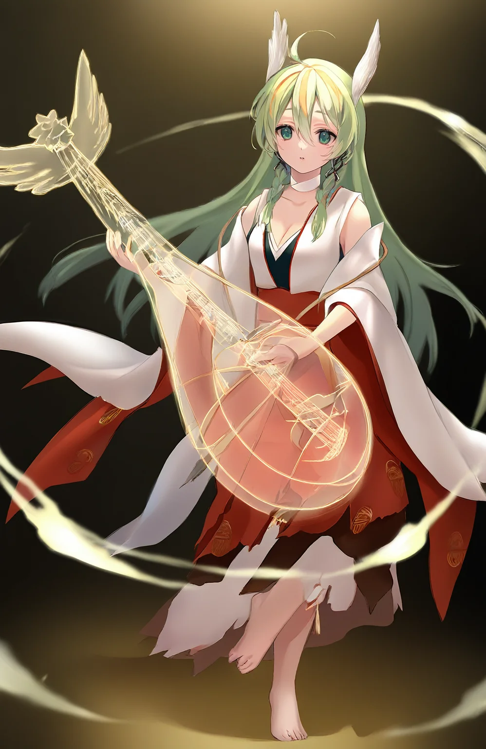 1girl,(pan \(mimi\):0.3),(ame.:0.3),(achiki:0.6),(gomzi:0.5),(alpha \(alpha91\):0.8),
long hair,cleavage,japanese clothes,hair ornament,ahoge,light green hair,green eyes,barefoot,jinnaluo,playing instrument,lute \(instrument\),plum blossoms,<lora:yysnoob4.2:1>,, masterpiece, newest, absurdres,safe