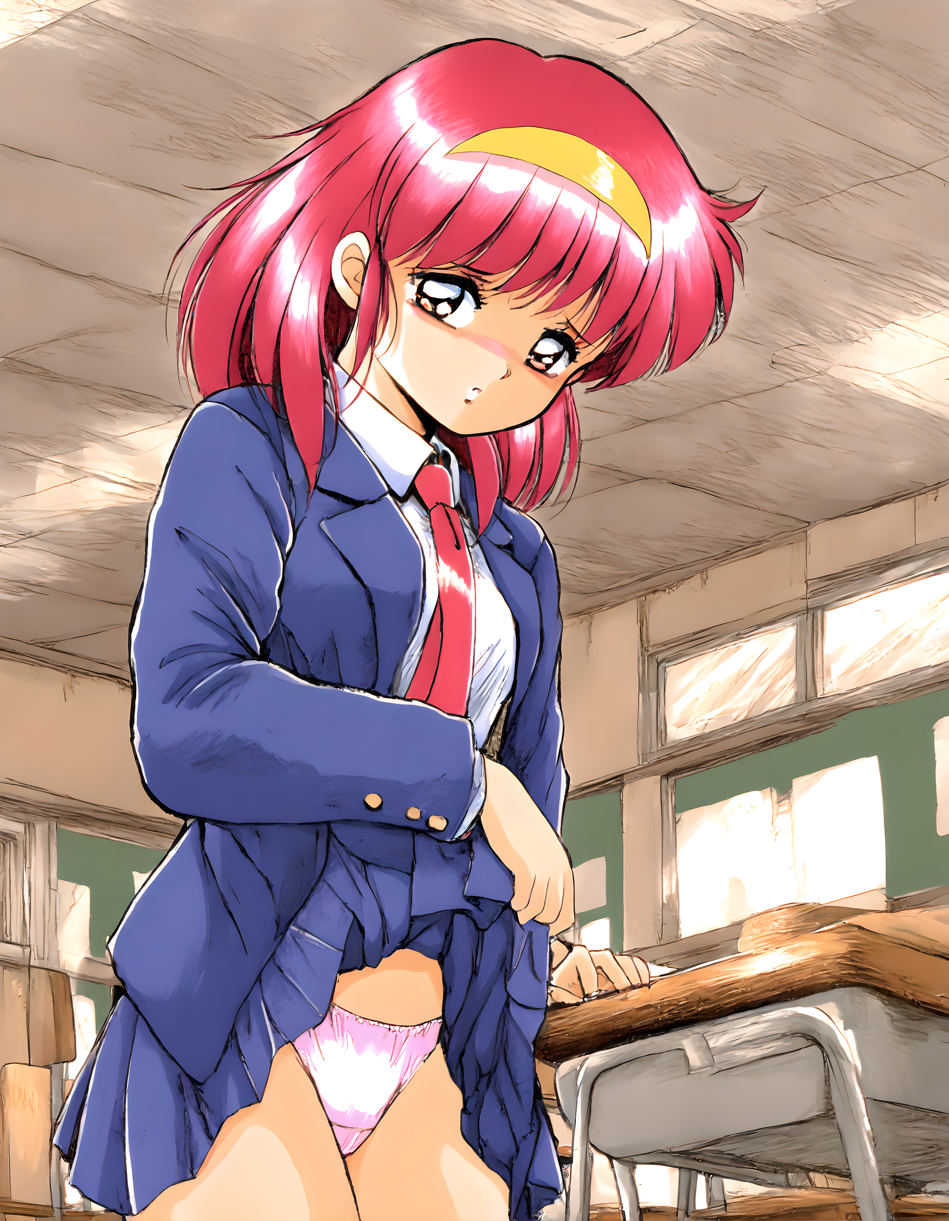 <lora:illustrious_XL_ayumi-chan:0.9>,ayumi-chan,masterpiece,best quality,good quality,1girl,solo,school_uniform,blue jacket,blazer,necktie,blue skirt,pleated skirt,underwear,pink panties,indoor,classroom,standing,skirt lift,pantyshot,cowboy_shot,front view,embarrass,light_blush,