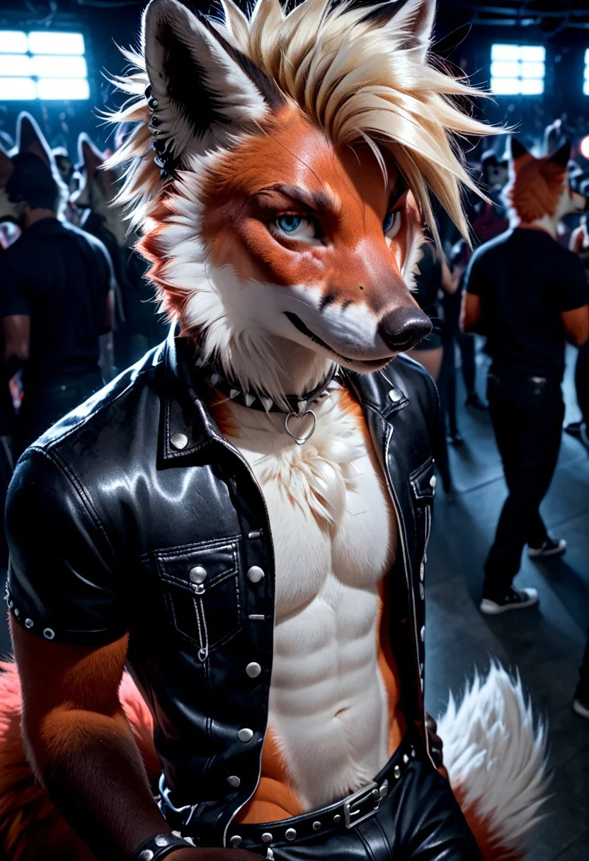 best quality, shaded, extreme detail, highly detailed, front view, top angle, big fluffy fox tail, score_9, score_8_up, score_7_up,
((best quality)), absurdres, anthro (male:1.4), (red fox:1.2), handsome, (short blonde punk hair, blue eyes:1.2), fur tuft, whiskers, at heavy metal night club, dancing, (black leather punk jacket, black metal band t-shirt, long black gothic leggings, silver jewellery, silver rings, silver bracelets, glasses:1.2), indoors, 8ubbl3w0lfpxl, charming smile, seductive expression, dynamic dancing pose, ultra detailed, intricate, dazzling blue eyes, detailed face, good anatomy, Perfect eyes, hands, 5 fingers at hands, best quality, shaded, extreme detail, highly detailed, ultradetailed, intricate, realistic, detailed background, hi res, realistic, photography, looks at the camera, night time, purple neon lighting, alcohol, busy alternative night club, anthro furry people dancing in background