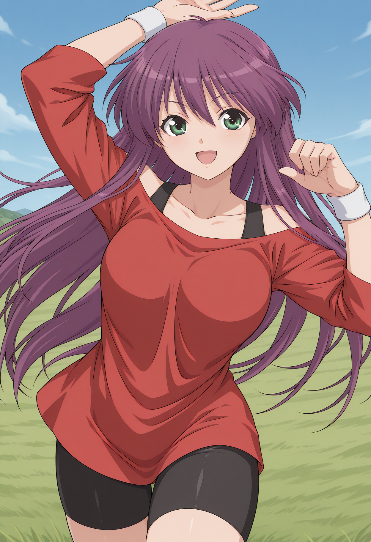 tomisawa_rei, green eyes, purple hair, long hair, white wristband, red shirt, bare shoulders, long sleeves, black pants, bike shorts, <lora:tomisawa_rei_illustrious_ver1:0.8> 
smile, open mouth,, masterpiece, best quality, very aesthetic, absurdres, general,, 1girl, solo, blue sky, (grasslands:1.2), looking at viewer,, (cowboy shot, dynamic pose:1.4),