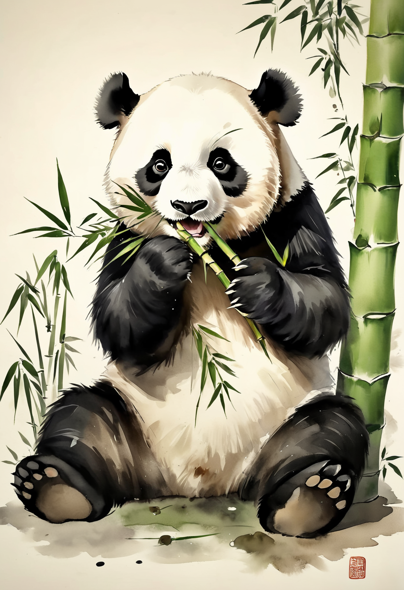 Chinese painting, a panda bear eating bamboo, clumsy, funny, cute, highly realistic artwork, 8k, masterpiece, award winning art, Chinese ink