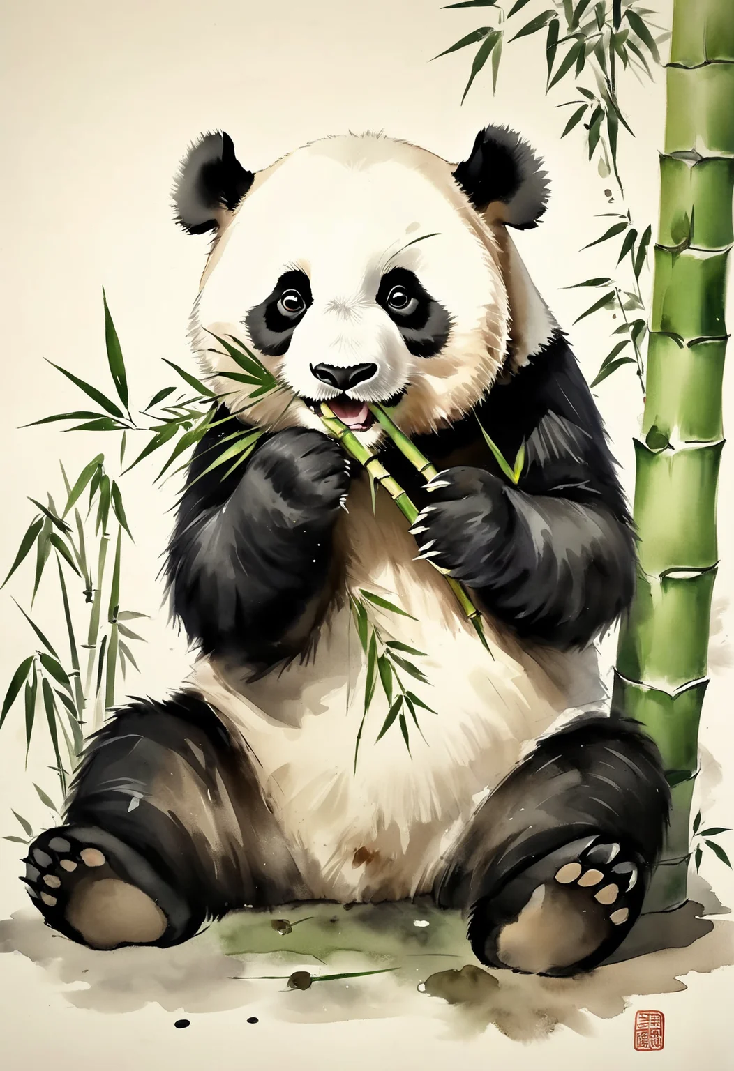 Chinese painting, a panda bear eating bamboo, clumsy, funny, cute, highly realistic artwork, 8k, masterpiece, award winning art, Chinese ink