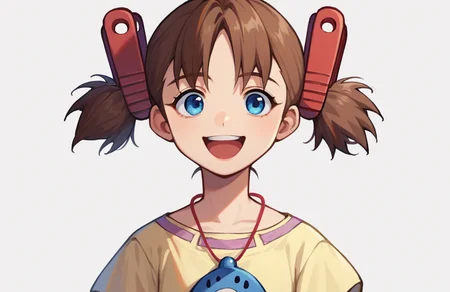 score_9, score_8_up, score_7_up, score_6_up, score_5_up, score_4_up, source_anime,
<lora:JosetteWonderProjectJ2byRR-10:1>, josettewpj2, brown hair, short hair, hair ornament, twintails, blue eyes, ocarina, jewerly, necklace, yellow dress,
1girl, solo, close-up, face shot, happy, smile, open mouth,
white background,