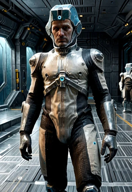 Corpus crewman in a spaceship corridor, science fiction, dramatic shot, male focus, 1boy, male corpus crewman wearing corpus crewman helmet, robot, rectangular helmet, blue light bar on helmet, brown and black corpus crewman suit, (helmet with hard edges, helmet with a flat front face, helmet with hard corners, helmet with blue light strip), black shoulder pad, tubes from metal chest plate, black gloves with silver palms, blue circle near hips, metal bands below fore arm, fit, athletic build, square patch on thigh, holding electric baton,
realistic texture, realism, best quality,
(((Corpus, corpus crewman, Tan and black corpus suit, corpus tileset, Corpus helmet, wearing helmet, wearing corpus helmet,))) moa in the background, two legged robot in the background,