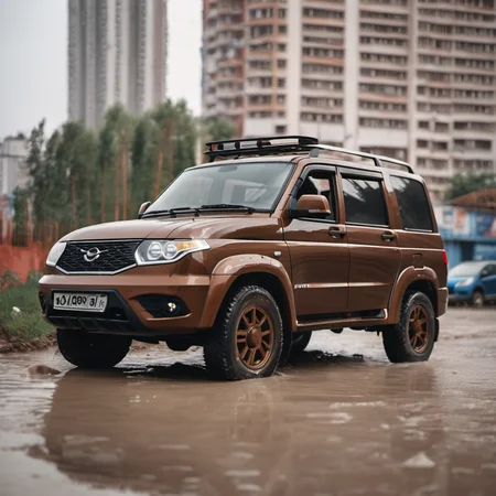 a photo of brown uaz_patriot in city, cinematic shot <lora:uaz_patriot:1>
