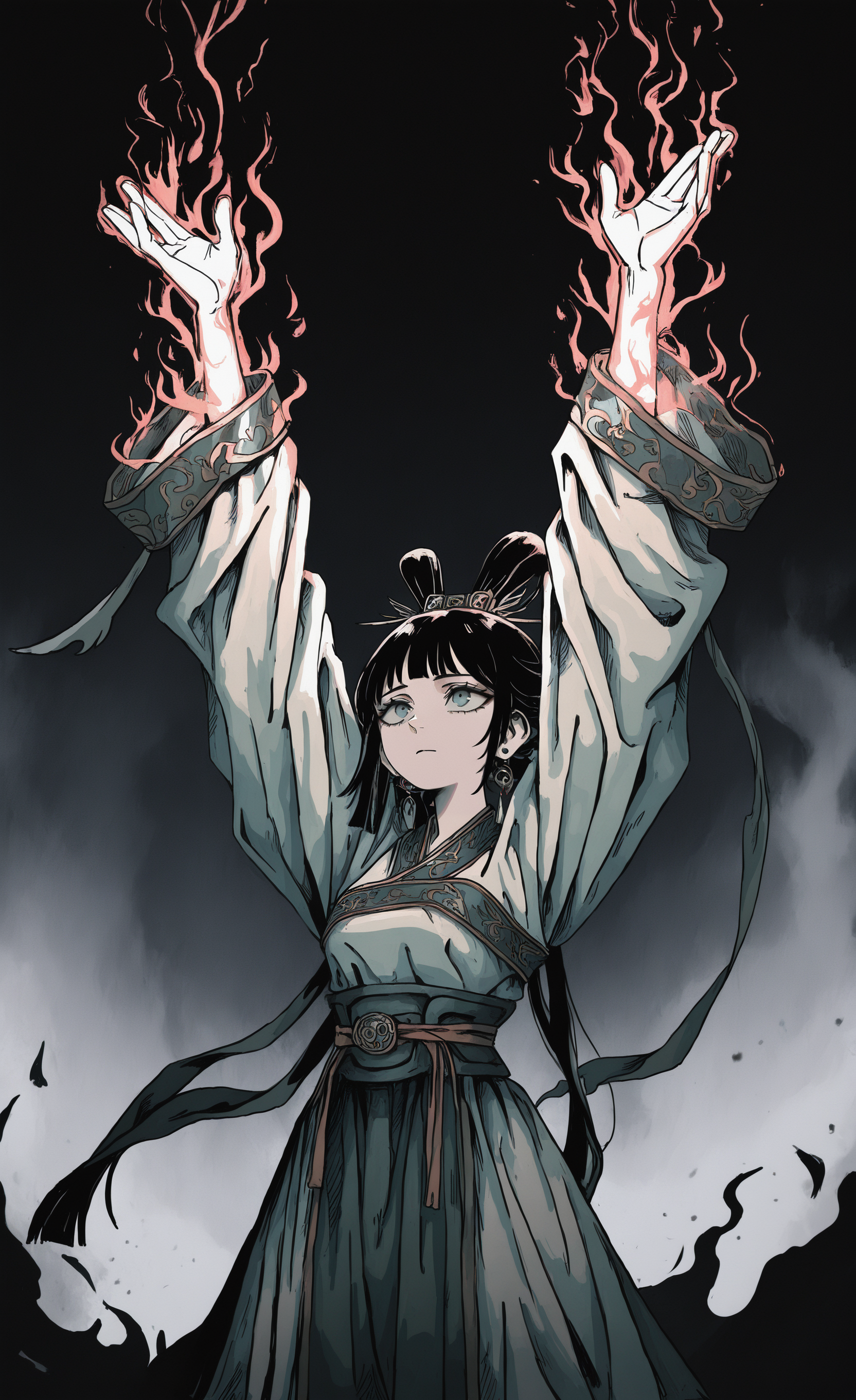 masterpiece, best quality, good quality, very awa, very aesthetic, absurdres, newest, toon (style),haku geroda style, 1girl, solo, Chinese Girl,Looking ahead, delicate hanfu, outstretched arms, arms up,
Gathering energy, aura absorbing energy, drawing_style, dark_fantasy_style, dark fantasy, retro, <lora:ponyv6_noobV1_2_adamW-000017:0.7> <lora:USNR_STYLE_XL_lokr:0.45> <lora:EtherSDXL:0.15> <lora:dark_fantasy_anime_illustriousXL:0.4> <lora:drawing_style_illustriousXL:0.45>