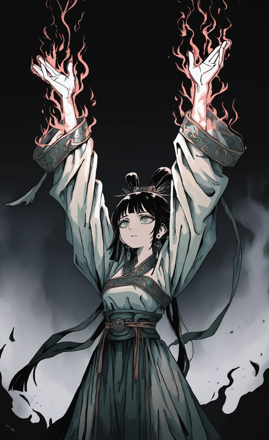masterpiece, best quality, good quality, very awa, very aesthetic, absurdres, newest, toon (style),haku geroda style, 1girl, solo, Chinese Girl,Looking ahead, delicate hanfu, outstretched arms, arms up,
Gathering energy, aura absorbing energy, drawing_style, dark_fantasy_style, dark fantasy, retro, <lora:ponyv6_noobV1_2_adamW-000017:0.7> <lora:USNR_STYLE_XL_lokr:0.45> <lora:EtherSDXL:0.15> <lora:dark_fantasy_anime_illustriousXL:0.4> <lora:drawing_style_illustriousXL:0.45>