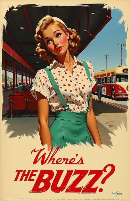 movie poster, a woman standing at an empty bus station, puzzled, confused, unsure, text: "Where's the Buzz?" oil painting, by Gil Elvgren, movie credits,