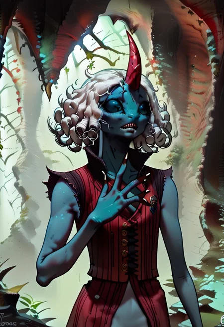 1 person, Kufr, blue skin, single horn, white hair, curly hair, black sclera, red horn, androgynous, ((slim figure, sleek skin)), ((flat nose:1.2, nasal slits)):1.8, 4 fingers, sharp nails, thin lips, sharp teeth, vest, ragged clothing,
Standing, holding up one hand, hand raised in front of face, examining hand,
((Close up, detailed closeup)), head focus, front view, variety,
loose clothing, vest,
((cavern background, organic chamber, soft light, moss on ceiling, luminous moss)),
clean lines, smooth colors, sfw, source: semi-realistic, medieval style, rating: pg, score: 8 up, score: 9