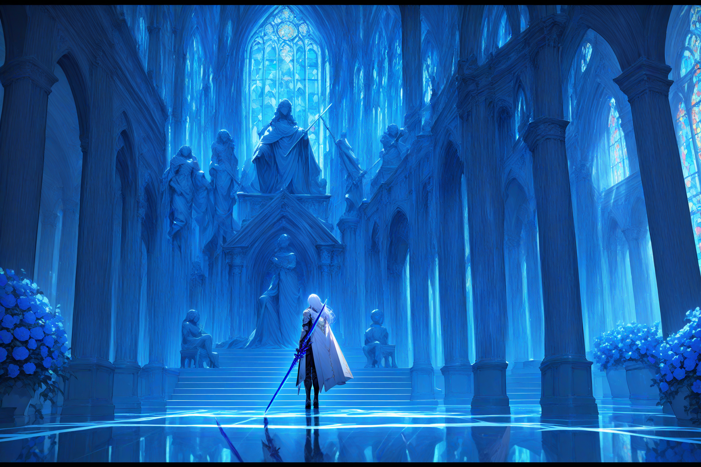 masterpiece, best quality, newest, absurdres, highres, <lora:Detailer_NoobAI_Incrs_v1:1>, detailed, letterboxed, scenery, holding weapon, church, pillar, indoors, wide shot, holding sword, potted plant, window, standing, flower, statue, white cape, architecture, arch, white hair, blue theme, column, stained glass, sunlight, 1boy, light rays, bench, holding polearm, armor, reflective floor, reflection, from behind, male focus, long hair