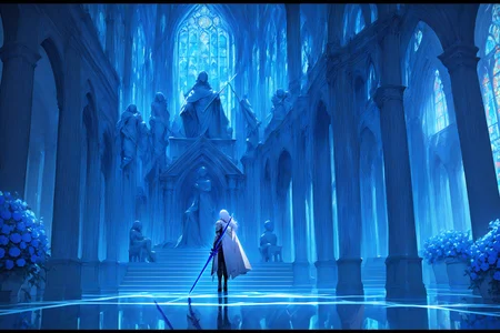 masterpiece, best quality, newest, absurdres, highres, <lora:Detailer_NoobAI_Incrs_v1:1>, detailed, letterboxed, scenery, holding weapon, church, pillar, indoors, wide shot, holding sword, potted plant, window, standing, flower, statue, white cape, architecture, arch, white hair, blue theme, column, stained glass, sunlight, 1boy, light rays, bench, holding polearm, armor, reflective floor, reflection, from behind, male focus, long hair