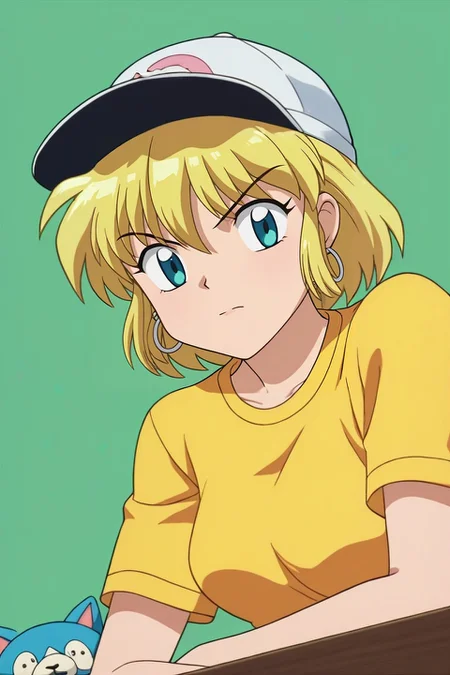 score_9, score_8_up, score_7_up, source_anime, rating_safe, , looking at viewer, , 1girl, aqua eyes, baseball cap, blonde hair, closed mouth, earrings, green background, hat, hoop earrings, jewelry, looking at viewer, shirt, short hair, simple background, solo, upper body, yellow shirt, solo, wide angle, wide shot, cowboy shot, bedroom, (plush), dawn, breast rest, angry, <lora:inuyasha_style_pony:1.08>, inuyasha_style, , <lora:sdxl_lightning_8step_lora:1>