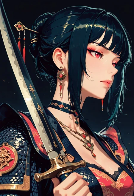 masterpiece, best quality, good quality, very aesthetic, absurdres, newest, 8K, depth of field, focused subject, in the style of cknc, artist:moriimee, in the style of cksc, BREAK
side portrait of stunning Chinese woman, bangs, sidelocks, bangs, choker, necklaces, earrings, hairpin, irridescent dragon-scale armour glittering in different colours, holding scimitar, dynamic pose, dark background, directional lighting, viewed from below