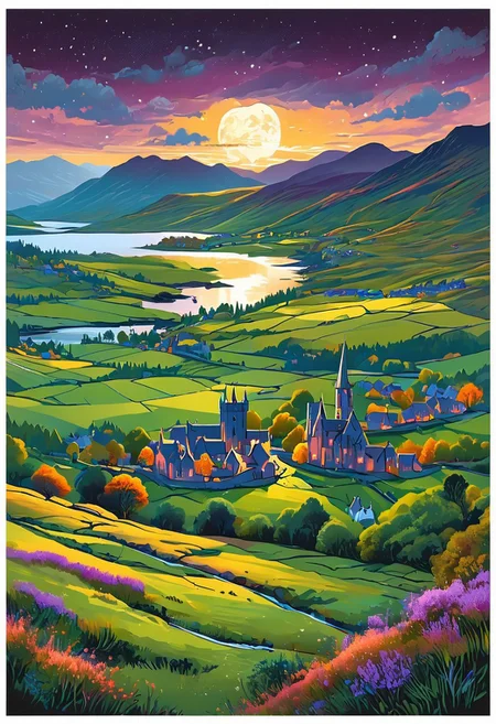 A captivating night scene illustration featuring a cozy village on a large hill overlooking a lake in the highlands of Scotland. There are highland hills and dotted with heather and farms all over the area. This enchanting artwork captures a serene and peaceful night, where the moon hangs over the beautiful highlands and castle which stands resolute amidst highlands, creating a cinematic experience., illustration, cinematic
<lora:DonM3t3rn1tyXL-v1.1:0.7>, DonM3t3rn1tyXL,
OverallDetailXL <lora:MJ52:0.3> <lora:SDXLFaeTastic2400:0.4> <lora:EpicF4nta5yXL:0.7>