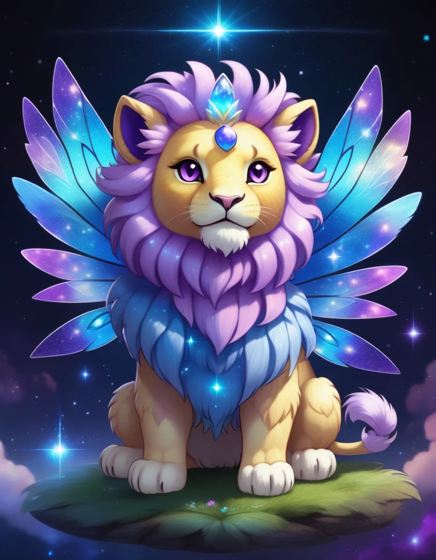 a fantasy hybrid creature,chibi adorable fairy lion, pokemon, fakemon, symmetrical wings, nebula, sparkling colors, purple and blue, highly detailed, beautiful lighting, ethereal, mystical, 8k, vibrant colors, beautiful backlighting,<lora:FaeStyle:1>