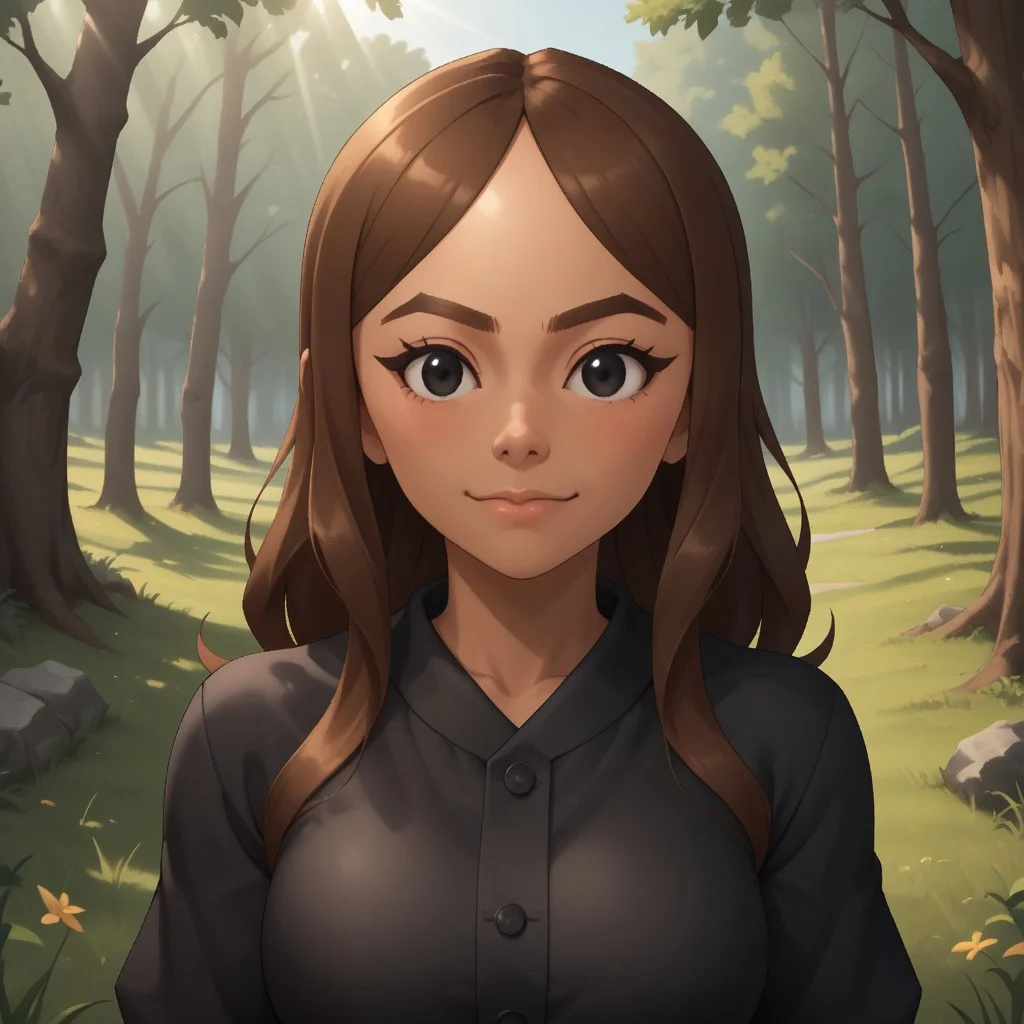 score_9, score_8, BREAK, solo, mii, wii, wii sports, female mii, 1girl, brown hair, black eyes, brown eyebrows, dark skin, blush, black clothing, black pants, breasts, cute, Chika_(Wii_Sports), nintendo mii, modern_mii, classic_mii, sexy pose, smile, outdoors, sunlight, shadows, evening lighting, natural lighting, forest, trees, grass, orange sky, sunset