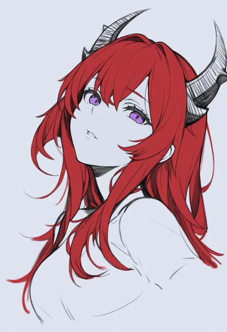 masterpiece, best quality, 1girl, solo, 5urtr, purple eyes, red hair, long hair, horns, greyscale, spot color, monochrome, lineart, sketch, graphite \(medium\), traditional media, cropped torso, three quarter view, parted lips, looking at viewer, <lora:ChamSurtrNoob:1>