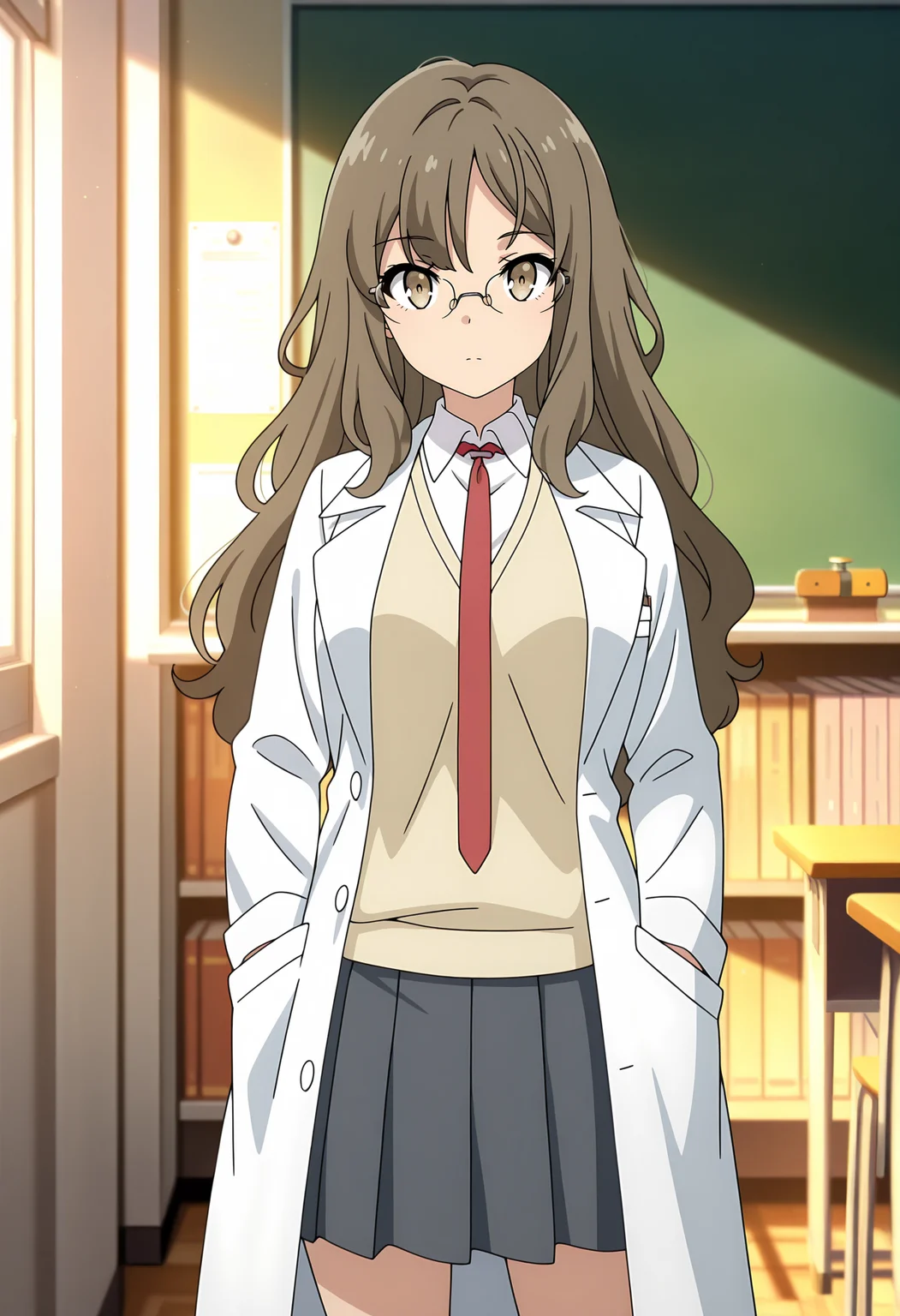 anime screencap, masterpiece, best quality,
<lora:SeishunButaYarou_FutabaRio_IlluXL:0.9>,
1girl, solo, closed mouth,
long hair, brown hair, brown eyes, rimless eyewear,
FutabaRio, lab coat, white coat, sweater vest, yellow vest, white shirt, red necktie, long sleeves, pleated skirt, grey skirt,
standing, looking at viewer, cowboy shot, hands in pockets,
photo background, indoors, classroom, bookshelf, chalkboard, flask, blurry background