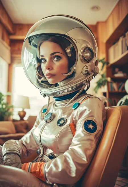 low angle shot, portrait of a female cosmonaut wearing a retro-futuristic cosmonaut spacesuit sitting in the living room of a (mid-century modern style home:1.2) facing the camera frontally looking down at the camera, frontal shot, quirky and whimsical feel, detailed face