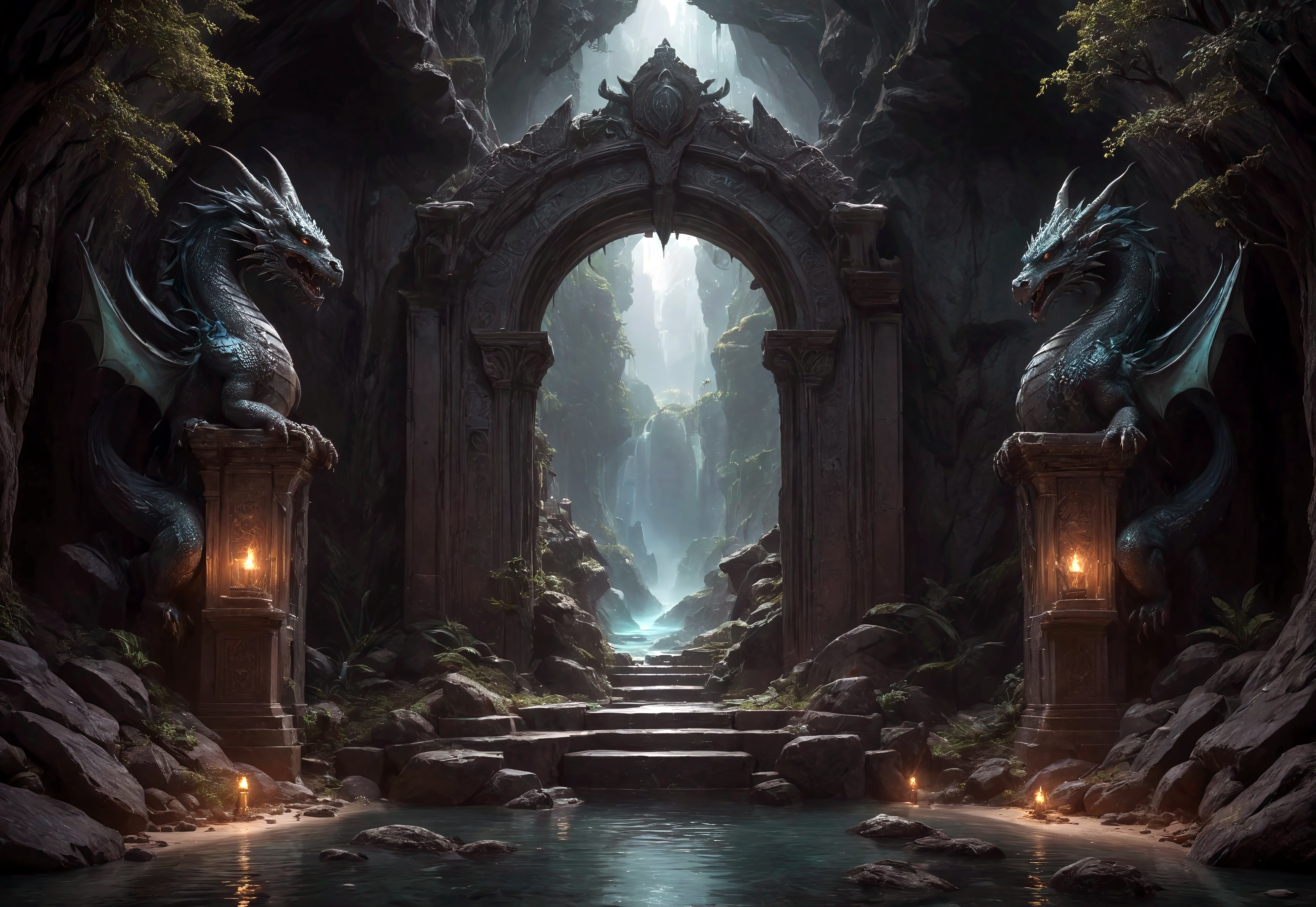 score_9, score_8_up, score_7_up, score_6_up, score_5_up, score_4_up, a mirror portal to another fantasy world among the mountains in the desert at night, inside the portal there is a black fantasy forest with streams of green water, with mystical statues of minotaurs, dragons and manticores made of stone that frame the portal, blue streams of energy flow down from the portal, huge sizes, stones, intricate elements, (natural texture, hyperrealism, soft light, sharp:1.2), (hdr:1.4), high contrast, (intricate detailed), detailed light, glare on water, reflections on objects