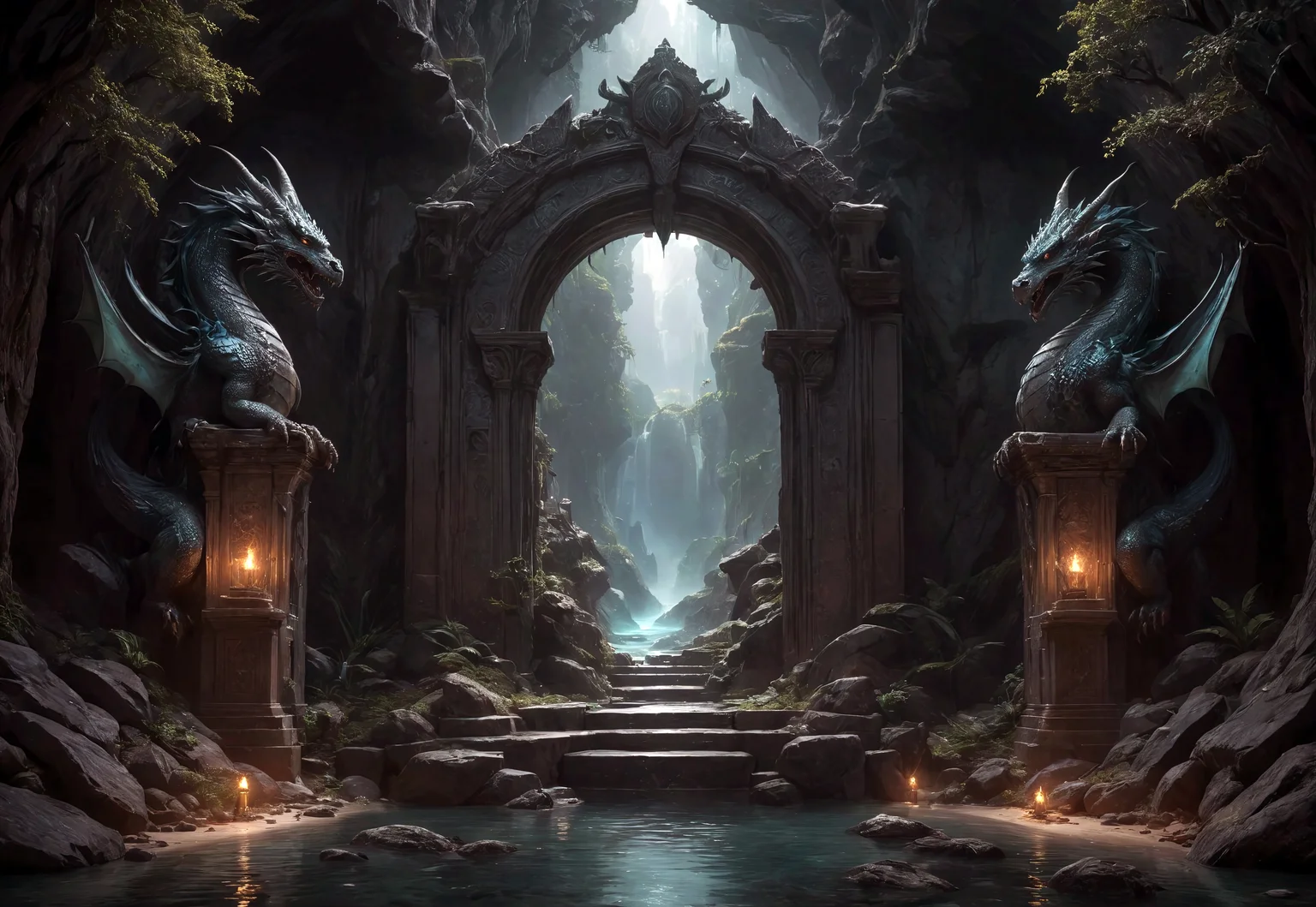 score_9, score_8_up, score_7_up, score_6_up, score_5_up, score_4_up, a mirror portal to another fantasy world among the mountains in the desert at night, inside the portal there is a black fantasy forest with streams of green water, with mystical statues of minotaurs, dragons and manticores made of stone that frame the portal, blue streams of energy flow down from the portal, huge sizes, stones, intricate elements, (natural texture, hyperrealism, soft light, sharp:1.2), (hdr:1.4), high contrast, (intricate detailed), detailed light, glare on water, reflections on objects