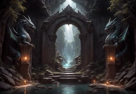 score_9, score_8_up, score_7_up, score_6_up, score_5_up, score_4_up, a mirror portal to another fantasy world among the mountains in the desert at night, inside the portal there is a black fantasy forest with streams of green water, with mystical statues of minotaurs, dragons and manticores made of stone that frame the portal, blue streams of energy flow down from the portal, huge sizes, stones, intricate elements, (natural texture, hyperrealism, soft light, sharp:1.2), (hdr:1.4), high contrast, (intricate detailed), detailed light, glare on water, reflections on objects