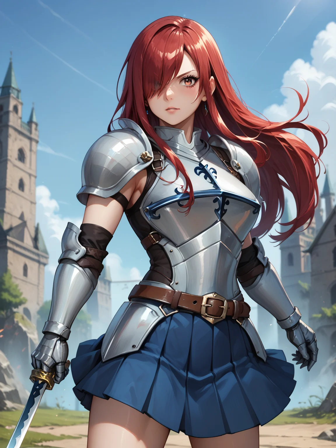 score_9, score_8_up, score_7_up, score_6_up, score_5_up, score_4_up, source_anime, detailed eyes, beautiful eyes, <lora:PONYXL_FD-MegaBreastPack:0.7> <lora:Erza_Scarlet:0.7> ErzaScarlet, red hair, long hair, very long hair, hair over eye, brown eyes, arm tattoo, blue tattoo, ArmoredClothes, armor, shoulder armor, gauntlets, breastplate, armored dress, belt, pleated skirt, blue skirt, wielding sword, battle,