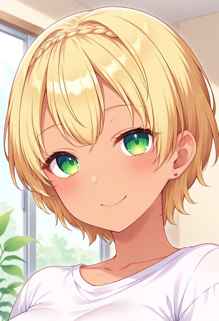 masterpiece, best quality, amazing quality, absurdres, 1girl, solo, (portrait:1.2), rurukaww, dark-skinned female, tan, green eyes, blonde hair, short hair, crown braid, earrings, t-shirt, looking at viewer, smile, indoors, day, skindentation, detailed clothing folds, depth of field, sharp, high contrast, dynamic light <lora:Kyan_Ruruka_Nii-imo-Uchinanchu_ill:0.9>
