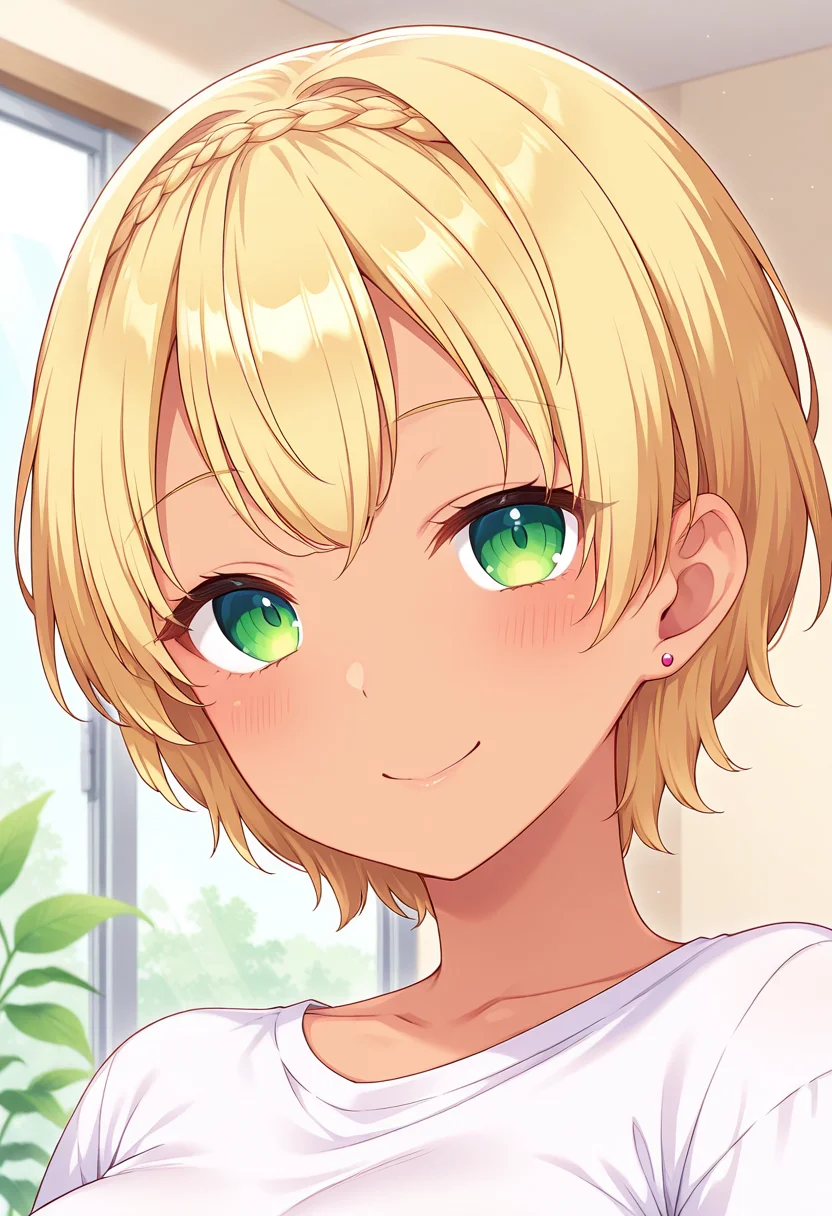 masterpiece, best quality, amazing quality, absurdres, 1girl, solo, (portrait:1.2), rurukaww, dark-skinned female, tan, green eyes, blonde hair, short hair, crown braid, earrings, t-shirt, looking at viewer, smile, indoors, day, skindentation, detailed clothing folds, depth of field, sharp, high contrast, dynamic light <lora:Kyan_Ruruka_Nii-imo-Uchinanchu_ill:0.9>