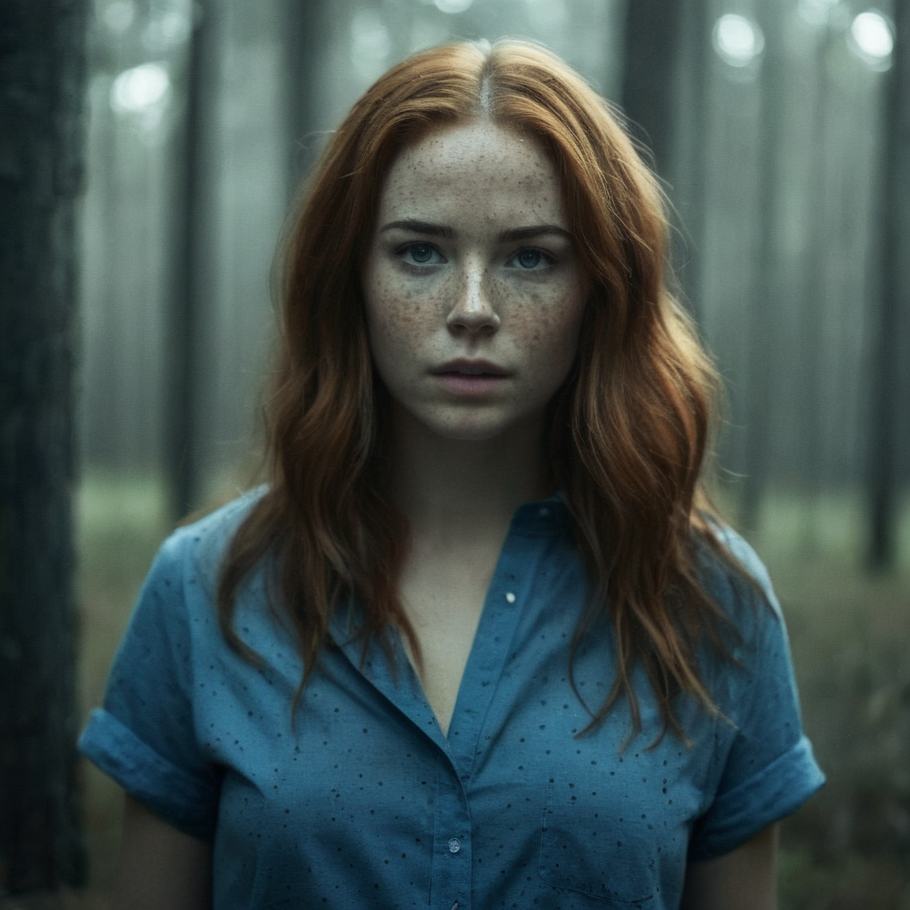 Dark Fantasy Art of cinematic film still of  <lora:Cinematic Hollywood Film:1.5>
Epic Creative Scene a woman with freckles and a blue shirt Cinematic Hollywood Film Style, dark, moody, dark fantasy style