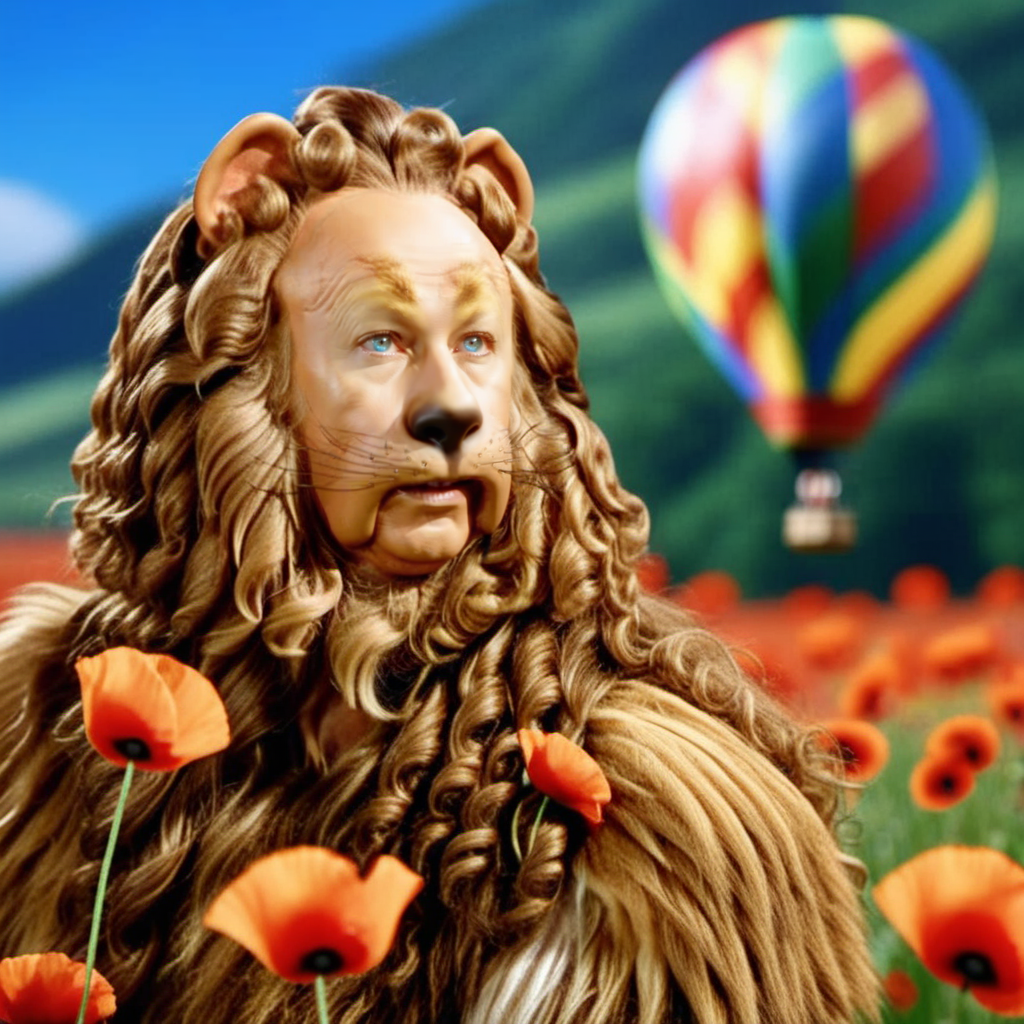 CowardlyLion1024, very closeup face portrait, a man with long hair , yellow brick road, poppies, rainbow, hot air balloon, detailed eyes, highly detailed, photography, ultra sharp, film, bokeh, professional, 4k   <lora:CowardlyLion1024-000480:0.8>