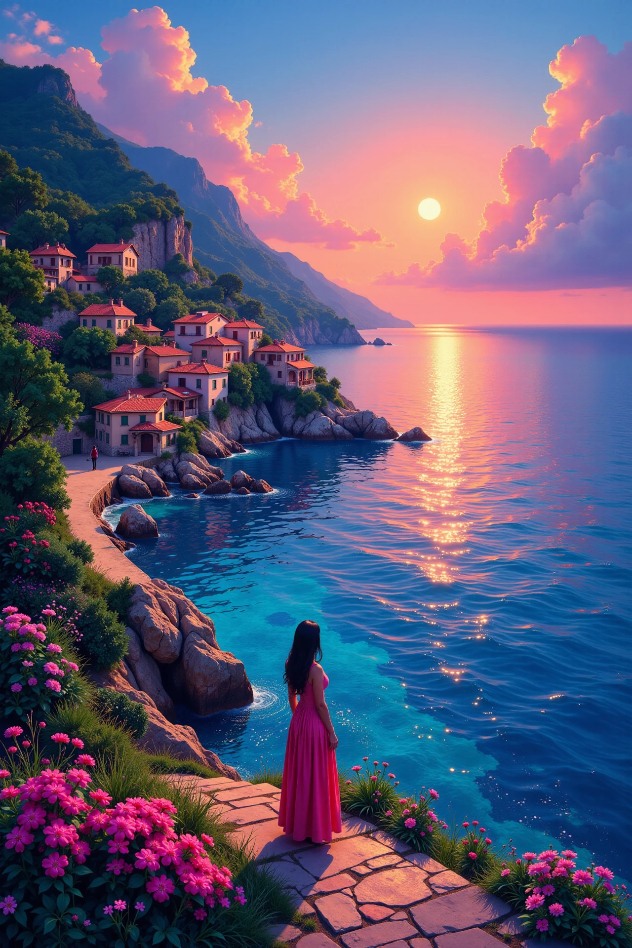 village coast beautiful  landscape, dusk, woman, very intricate, very detailed, sharp, bright, colorful, <lora:Hand v2:0.5> <lora:Anti-Blur:1><lora:Insane Detail Slider:0.25>  <lora:flux.1_lora_flyway_Epic-detail_v2:0.3> <lora:fluxenhancer:0.25> <lora:ck-Neon-Retrowave:0.4> ck-rw, in the style of ck-rw,  <lora:Neurocore Anime Cyberpunk:0.8> A digital artwork in the style of cknc