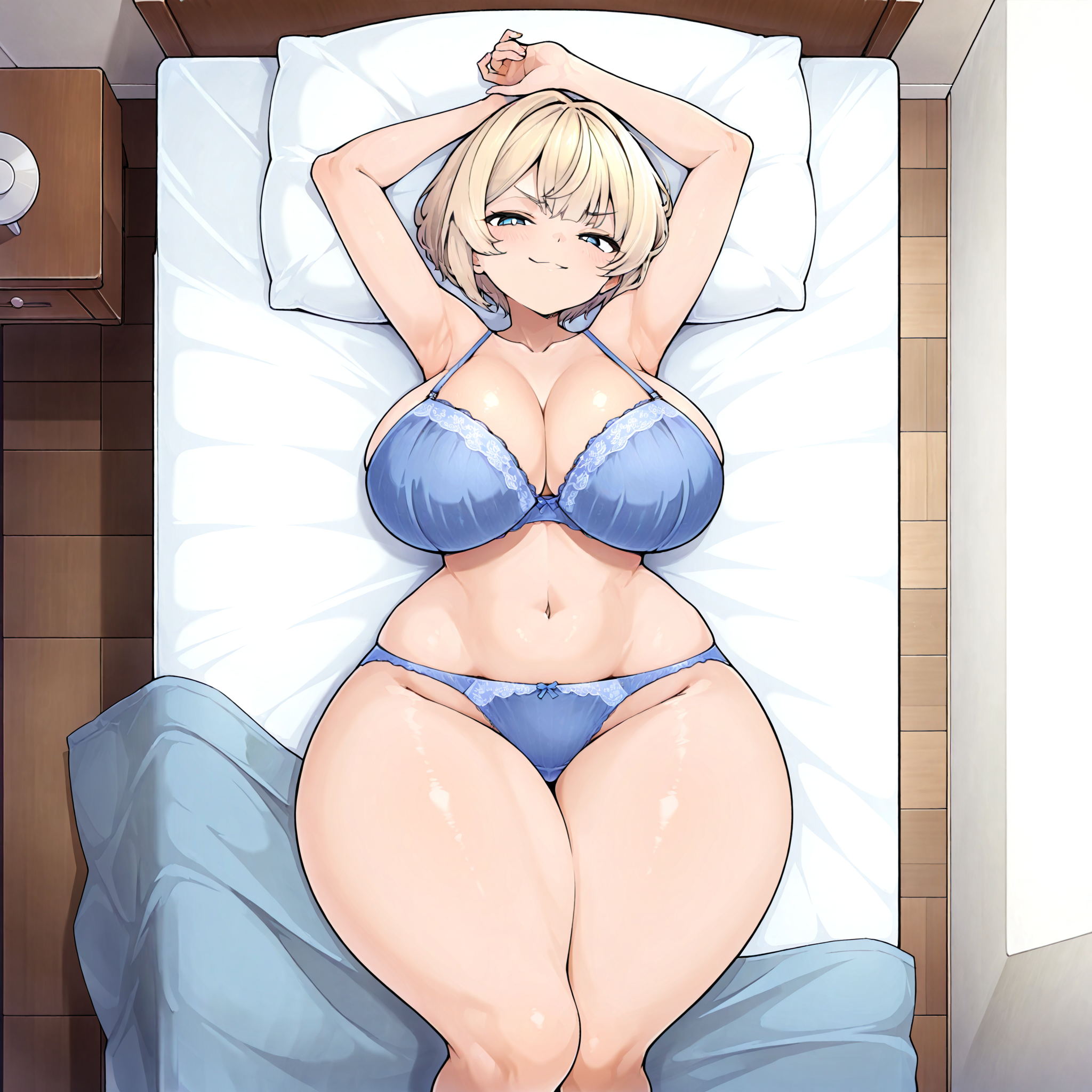 (masterpiece), best quality, (highly detailed), 1female, solo, <lora:490_style illustrious:0.8>, bra, panties, bedroom, from above, wide hips, thick thighs, blonde hair, blue eyes, smug, lying on back, bed, short hair, big breasts,