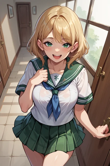 score_9, score_8_up, score_7_up, score_6_up, source_anime BREAK 1girl  <lora:ashleygraham-pdxl-nvwls-v1-000005:1> reAshley, green eyes, (big breasts:0.5), white shirt, serafuku, pleated skirt, looking at you, from above, happy, hallway