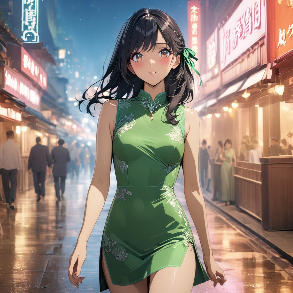 gorgeous lips, cinematic, (masterpiece), (best quality), (ultra-detailed), very aesthetic, illustration, perfect composition, intricate details, absurdres, detailed face, (anime, masterpiece, intricate:1.3), (best quality, hires textures, high detail:1.2)from the front, outdoors, (full body shot:1.3), 
BREAK, a anime girl with very long black hair, wavy hair,Hong Kong style city, 1girl, solo, side swept bangs, medium breasts, long hair, black hair, looking at up, walking, sleeveless green short flowing silk cheongsam, high slit, toned legs, legs crossed, XCYP  Cheongsam beauties, necklace, hair ribbon, green hair ribbon, smiling, hair blowing in the wind, cheongsam blowing in the wind,  blush,green heels , collarbone, brown eyes, perfect eyes, flashing lights, 1990's era , night time,looking at viewer, neon lighting, neon lighting, dolly shot, seductive mood, pursed lips