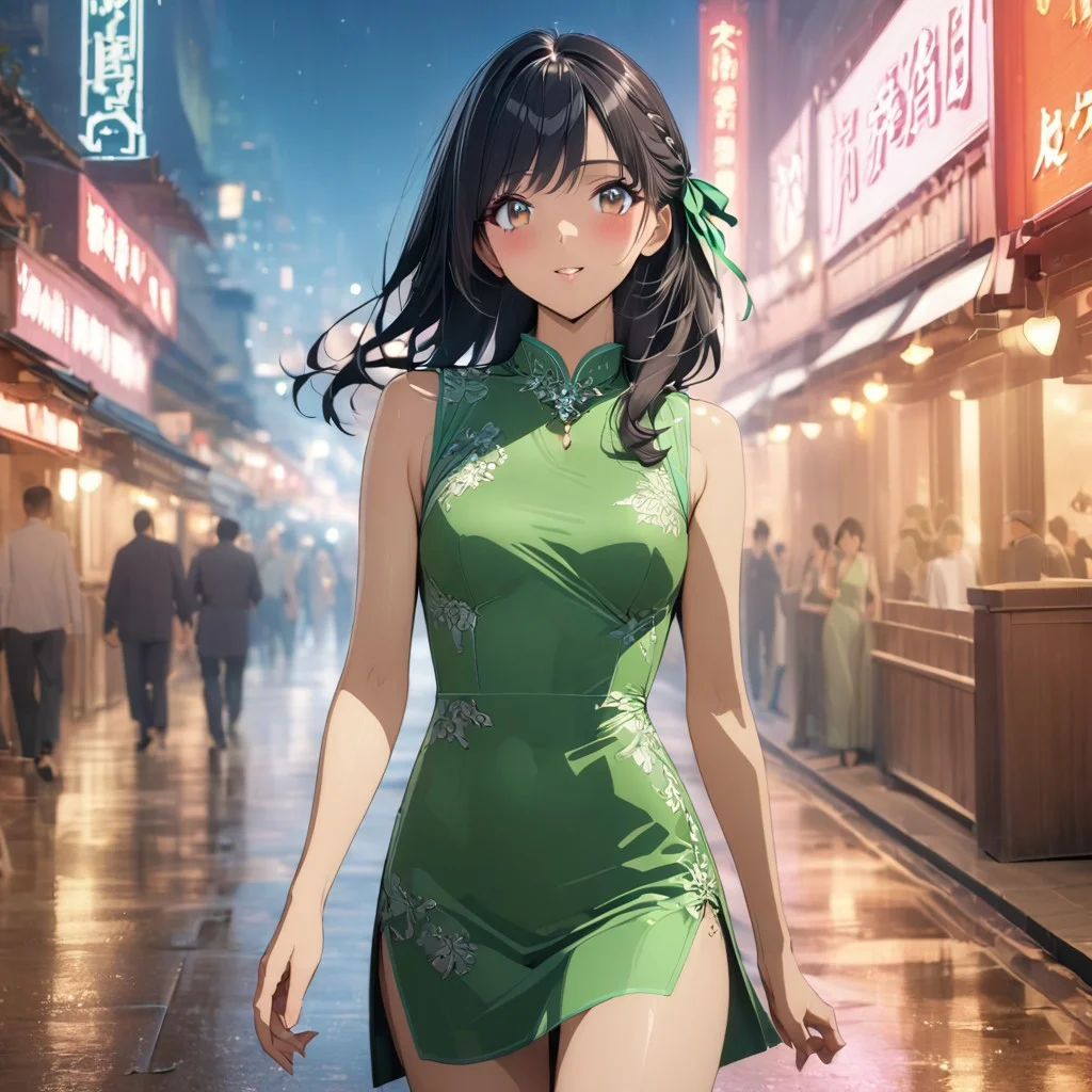 gorgeous lips, cinematic, (masterpiece), (best quality), (ultra-detailed), very aesthetic, illustration, perfect composition, intricate details, absurdres, detailed face, (anime, masterpiece, intricate:1.3), (best quality, hires textures, high detail:1.2)from the front, outdoors, (full body shot:1.3),
BREAK, a anime girl with very long black hair, wavy hair,Hong Kong style city, 1girl, solo, side swept bangs, medium breasts, long hair, black hair, looking at up, walking, sleeveless green short flowing silk cheongsam, high slit, toned legs, legs crossed, XCYP Cheongsam beauties, necklace, hair ribbon, green hair ribbon, smiling, hair blowing in the wind, cheongsam blowing in the wind, blush,green heels , collarbone, brown eyes, perfect eyes, flashing lights, 1990's era , night time,looking at viewer, neon lighting, neon lighting, dolly shot, seductive mood, pursed lips