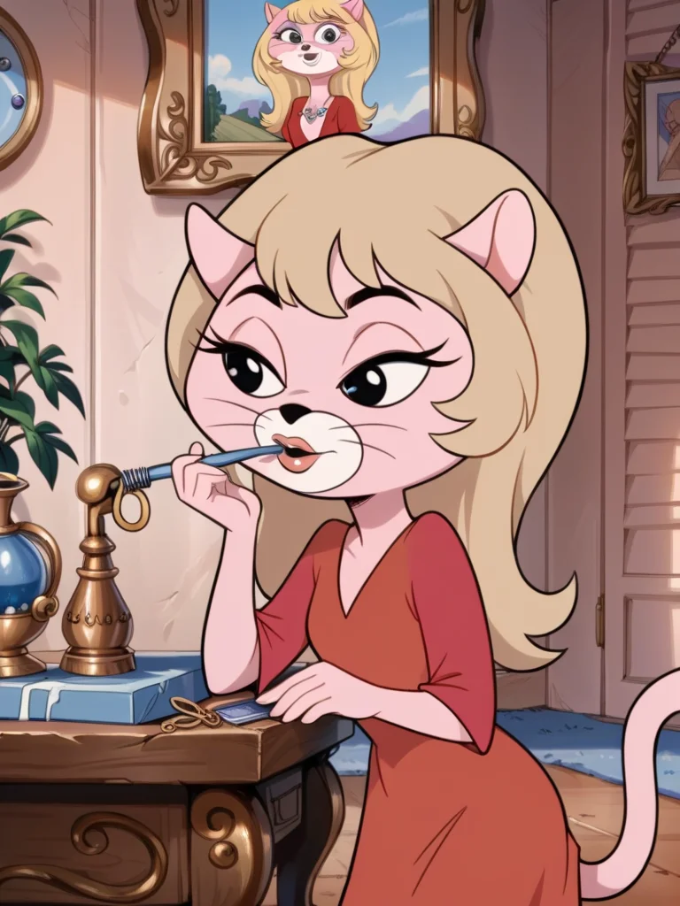 score_9, score_8_up, score_7_up, score_6_up, score_5_up, score_4_up, source_furry, Kitty_Glitter, blonde hair, long hair, pink fur, red dress, bedroom, vanity table, applying makeup, detailed face, detailed eyes, detailed background, <lora:kitty-glitter-v1:1.0>