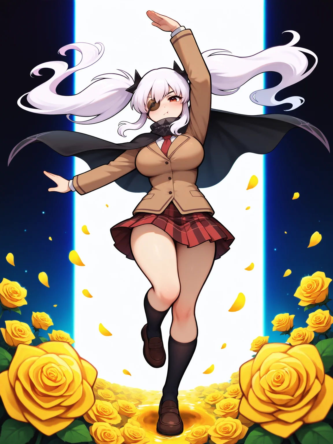masterpiece, best quality, amazing quality, by asukaln
(solo:1.4), Yagyu_IL, red eye, eyepatch, white hair, long hair, twintails, shuriken hair clips, black hair clips, large breasts, Yagyu_shinobi, brown jacket, white shirt, red necktie, black cape, scarf with triangular patterns, plaid pleated skirt, black kneehighs, brown loafers
dancing, full body, flower, yellow flower, yellow rose, rose, abstract background, white background, petals, swirling, abstract art, (dynamic angle:0.3), expressive face, expressive eyes, (oil painting:1.2), floating hair, absurdres, newest, scenery, volumetric lighting
<lora:Mystyle_SDXL_LoCon_DORA_v2:1>
<lora:SK_Yagyu_IL:0.8>
