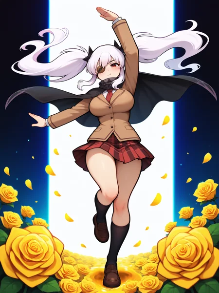 masterpiece, best quality, amazing quality, by asukaln
(solo:1.4), Yagyu_IL, red eye, eyepatch, white hair, long hair, twintails, shuriken hair clips, black hair clips, large breasts, Yagyu_shinobi, brown jacket, white shirt, red necktie, black cape, scarf with triangular patterns, plaid pleated skirt, black kneehighs, brown loafers
dancing, full body, flower, yellow flower, yellow rose, rose, abstract background, white background, petals, swirling, abstract art, (dynamic angle:0.3), expressive face, expressive eyes, (oil painting:1.2), floating hair, absurdres, newest, scenery, volumetric lighting
<lora:Mystyle_SDXL_LoCon_DORA_v2:1>
<lora:SK_Yagyu_IL:0.8>