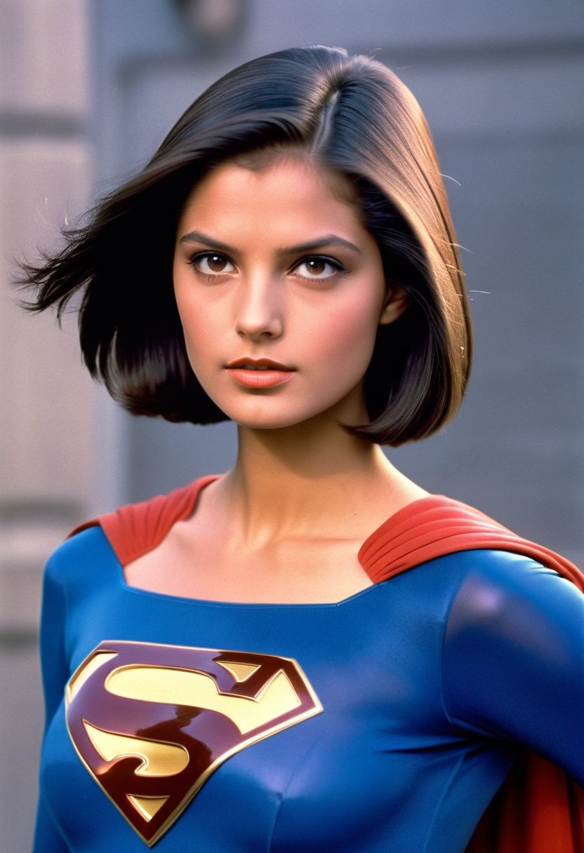 1980s Supergirl film costume, youthful raven-haired Supergirl, facing forward, shiny voluminous smooth straight side-parting short bob haircut, dark-brown eyes, Supergirl film 1980s, ultra-realistic photo, Hyperdetailed photography, sharp focus