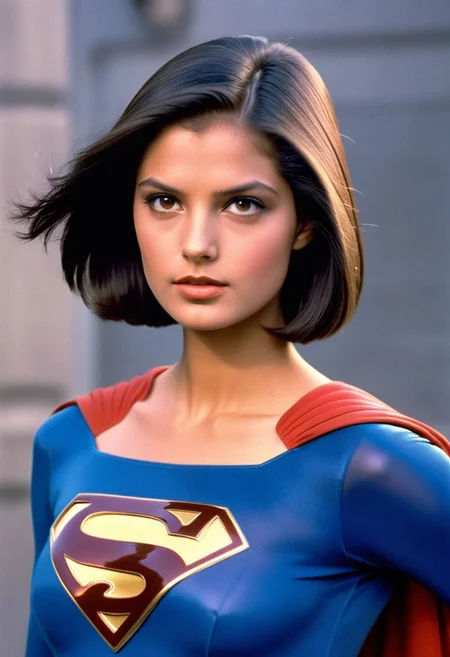 1980s Supergirl film costume, youthful raven-haired Supergirl, facing forward, shiny voluminous smooth straight side-parting short bob haircut, dark-brown eyes, Supergirl film 1980s, ultra-realistic photo, Hyperdetailed photography, sharp focus