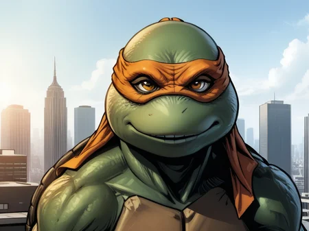 ((comic book art style)) close-up, TMNTMichelangelo, a teenage mutant ninja turtle, wearing orange bandana mask with eye-holes, standing on a city rooftop during the day, skyscrapers and rooftops and day sky in the background, <lora:TMNT_Turtles_AIO_SDXL-000009:1>