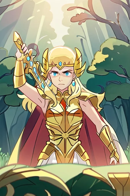 waist up portrait, a woman with long shiny blonde hair, blue eyes, serious, wearing white and gold armor and gold pauldrons and a gold tiara and red cape and gold bracers, holding a sword, dynamic lighting, near a forest