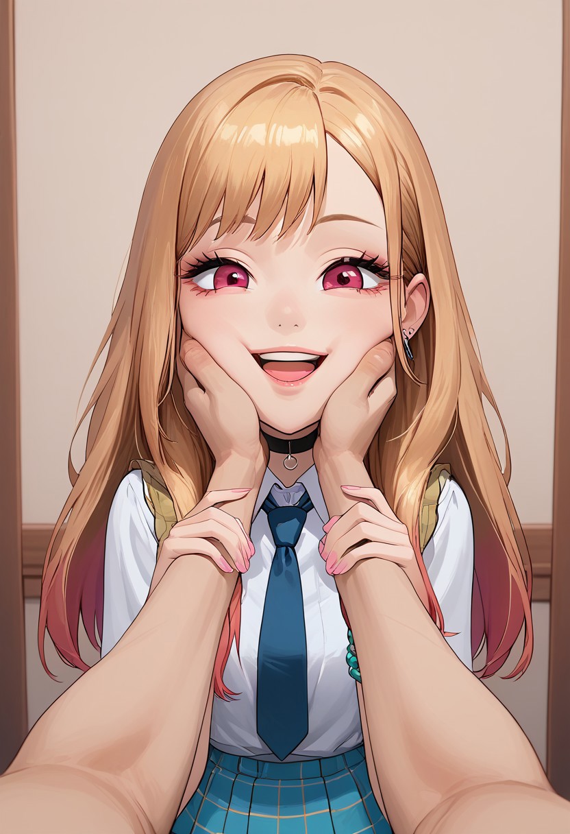score_9,score_8_up,score_7_up, source_anime, (masterpiece), highres, 4k, 8k, 1girl, marin kitagawa, long hair, bangs, blonde hair, red eyes, multicolored hair, skirt, shirt, jewelry, school uniform, white shirt, pleated skirt, earrings, necktie, choker, bracelet, blue skirt, plaid, black choker, plaid skirt, cheek squash, very puffy cheeks, hands on another's face, hands on another's cheeks, solo focus, pov hands, happy, open mouth, big smile, gorgeous, cute, pretty, skinny, good hands, good nose, good anatomy, good face, intricately detailed face, sharp outlining, bedroom background, indoors, detailed background, vibrant colors, g0thicPXL, Expressiveh,