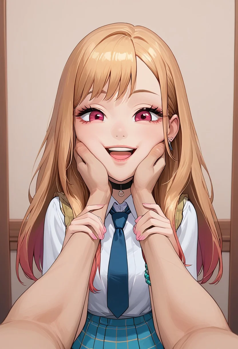 score_9,score_8_up,score_7_up, source_anime, (masterpiece), highres, 4k, 8k, 1girl, marin kitagawa, long hair, bangs, blonde hair, red eyes, multicolored hair, skirt, shirt, jewelry, school uniform, white shirt, pleated skirt, earrings, necktie, choker, bracelet, blue skirt, plaid, black choker, plaid skirt, cheek squash, very puffy cheeks, hands on another's face, hands on another's cheeks, solo focus, pov hands, happy, open mouth, big smile, gorgeous, cute, pretty, skinny, good hands, good nose, good anatomy, good face, intricately detailed face, sharp outlining, bedroom background, indoors, detailed background, vibrant colors, g0thicPXL, Expressiveh,