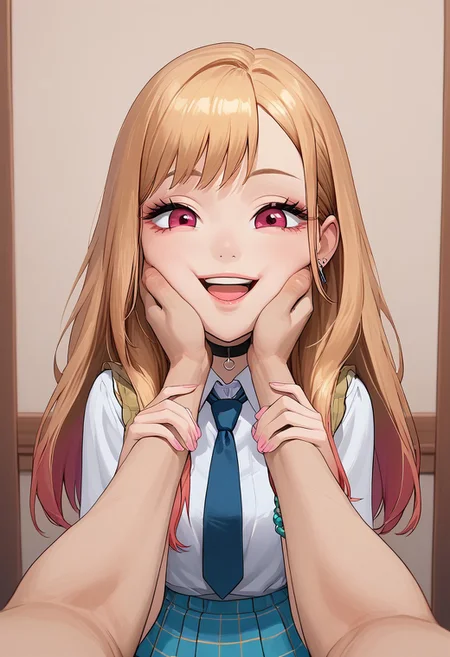 score_9,score_8_up,score_7_up, source_anime, (masterpiece), highres, 4k, 8k, 1girl, marin kitagawa, long hair, bangs, blonde hair, red eyes, multicolored hair, skirt, shirt, jewelry, school uniform, white shirt, pleated skirt, earrings, necktie, choker, bracelet, blue skirt, plaid, black choker, plaid skirt, cheek squash, very puffy cheeks, hands on another's face, hands on another's cheeks, solo focus, pov hands, happy, open mouth, big smile, gorgeous, cute, pretty, skinny, good hands, good nose, good anatomy, good face, intricately detailed face, sharp outlining, bedroom background, indoors, detailed background, vibrant colors, g0thicPXL, Expressiveh,