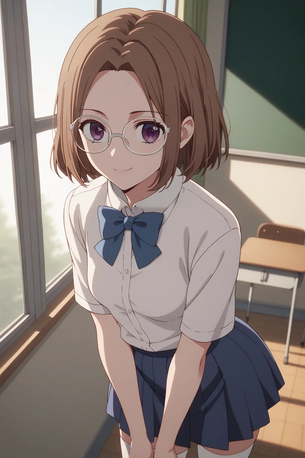 sscore_9, score_8_up, score_7_up, source_anime, 1girl, prefect lighting, very aesthetic, intricate details, highly detailed background, masterpiece, high quality, prefect hands, best quality, solo,
<lora:Yoriko_Kichijouji_Oshi_No_Ko_V1:.85>, KJOyoriko, brown hair, purple eyes, medium hair, forehead,
school uniform, blue skirt, white thighhighs, blue bowtie, glasses,
cowboy shot, dutch angle, standing, leaning forward, smirk, looking at viewer, from above,
classroom, windows, dawn,
(Beautiful, small Breasts:1.2), natural breasts,
