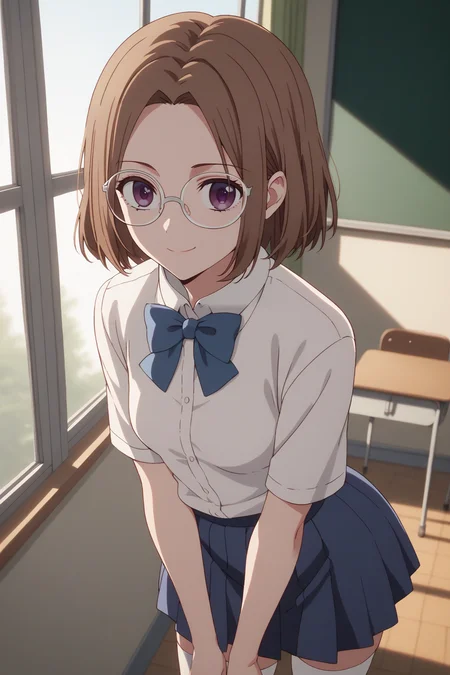 sscore_9, score_8_up, score_7_up, source_anime, 1girl, prefect lighting, very aesthetic, intricate details, highly detailed background, masterpiece, high quality, prefect hands, best quality, solo, 
<lora:Yoriko_Kichijouji_Oshi_No_Ko_V1:.85>, KJOyoriko, brown hair, purple eyes, medium hair, forehead, 
school uniform, blue skirt, white thighhighs, blue bowtie, glasses, 
cowboy shot, dutch angle, standing, leaning forward, smirk, looking at viewer, from above, 
classroom, windows, dawn,
(Beautiful, small Breasts:1.2), natural breasts,