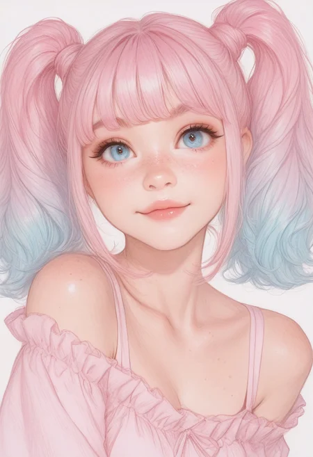 sketch, paper texture, traditional media,
masterpiece, best quality, very aesthetic, absurdres, sketched, lineart, sketched-shading, (anime coloring:1.2), dynamic lighting, ambient light, soft light, usnr, artist:moriimee, line art,
female, gradiant pink-blue hair, sidelocks, twintails, blunt bangs, freckles, looking at viewer, gradient hair,
face focus, beautiful eyes, blue eyes, bare-shoulder,
dynamic pose, off balance, happy,
outfit, clothes, 

[layered_composition], pencil drawing style, pastel colors, pencil colors,
simple background, gradient, high detail, sharp shading, soft shadows,